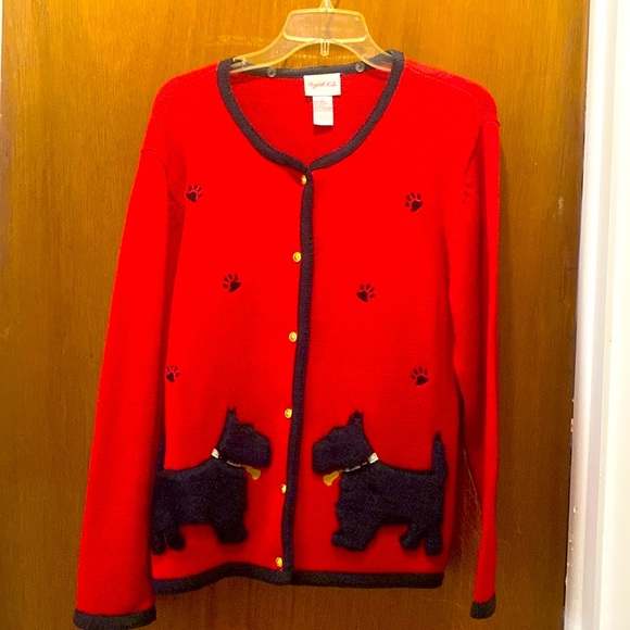 Crystal-Kobe Sweaters - Red cardigan with Scottish terriers, size S